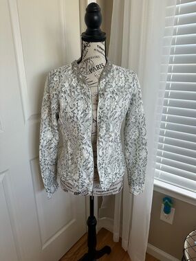 Candie’s Grey & White Lace Jacket with Rhinestone Collar Women’s Size Small